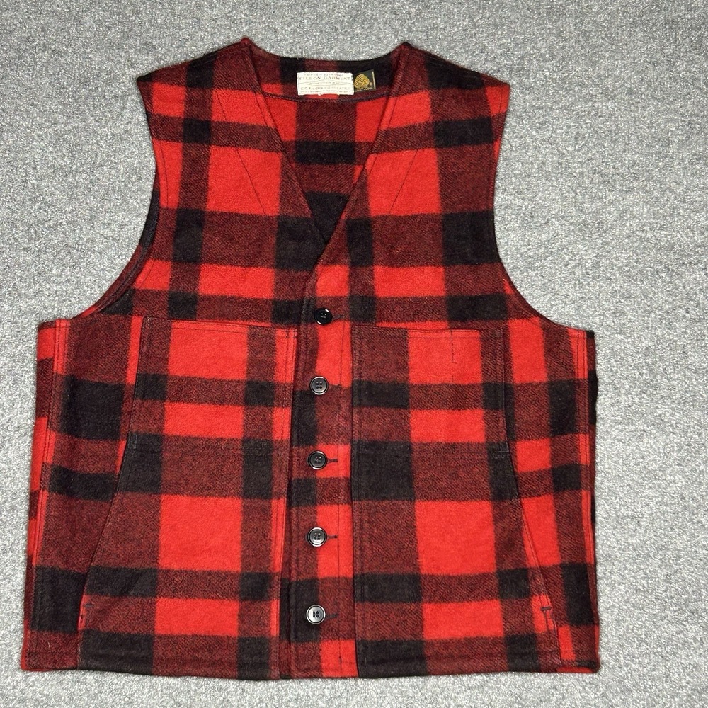 Filson Vest Mens 42 Red Buffalo Plaid Wool Style 20 Mackinaw 80s Vintage